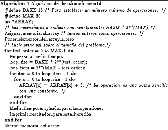 \begin{algorithm}% latex2html id marker 43\caption{Algoritmo del benchmark mem1......n\ENDFOR\STATE liberar\_memoria\_del\_array\end{algorithmic}\end{algorithm}